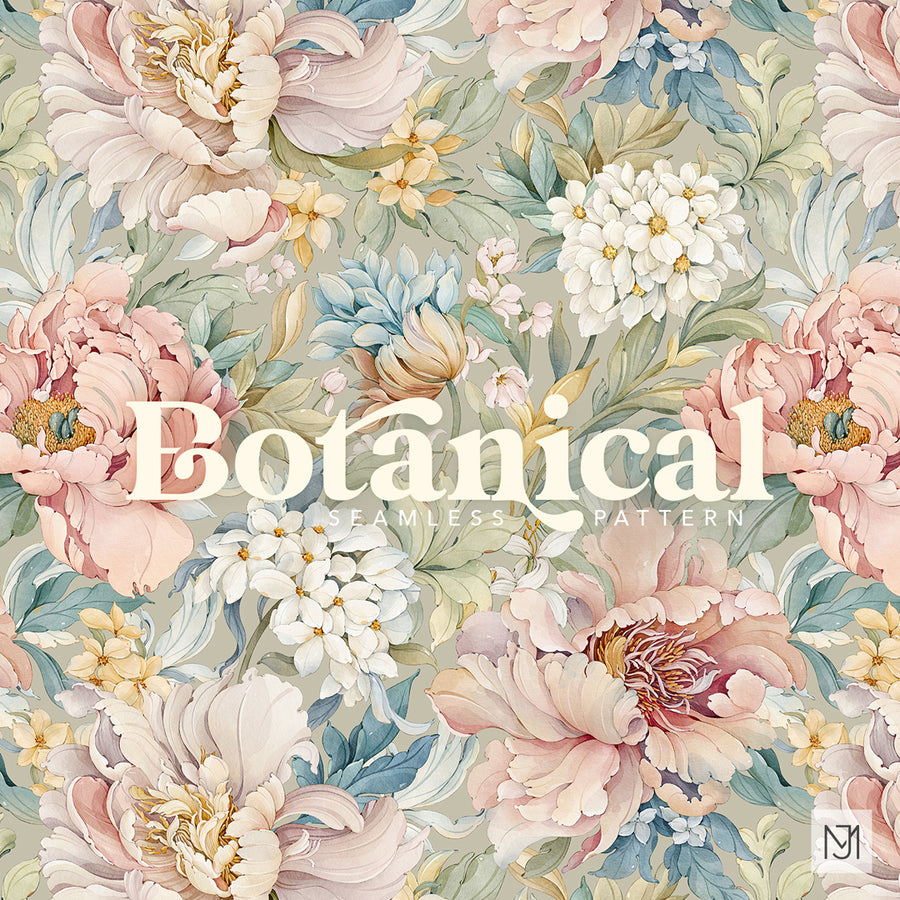 Botanical seamless floral repeat with large pink and blush blooms, white clustered flowers, and gray blue leaves on a sage green background