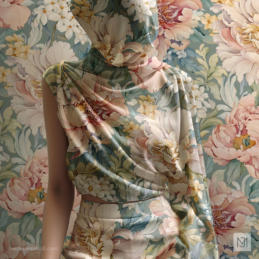 Fabric draped over a person's head and shoulder like a hood in the botanical pattern's sage green colorway, against matching wallpaper