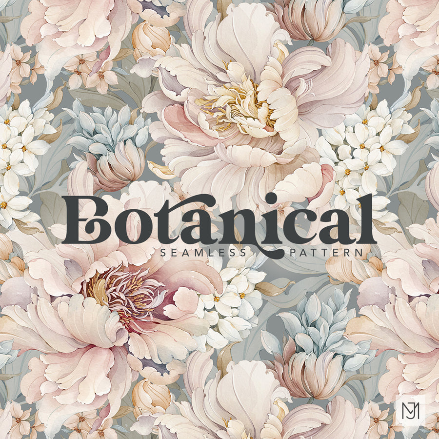 Botanical seamless surface pattern with large blush and cream ruffled blooms, white clustered flowers, and dusty blue buds on a gray background