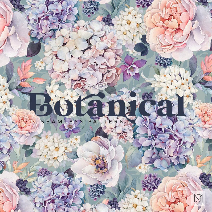 Botanical repeating floral pattern with large blush peony blooms, lavender blue hydrangea clusters, white flower clusters, and deep purple berries on a sage gray green background