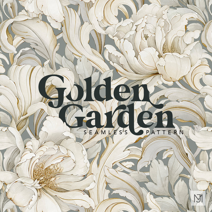 Golden Garden repeating floral pattern with ornate cream and gold scrollwork florals on a gray blue background