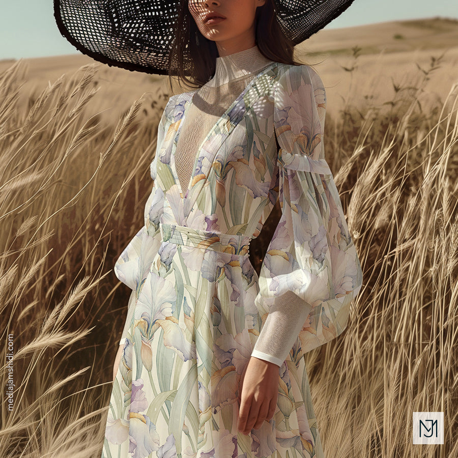 Woman wearing a long sheer dress with bishop sleeves in the iris pattern and a woven black wide brim hat, standing in a wheat field