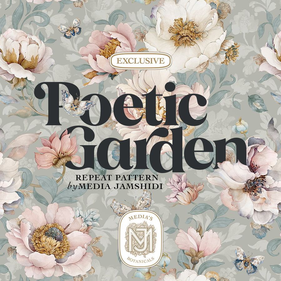 Poetic Garden seamless surface pattern with large cream and blush peony blooms, gold stamens, and small moths on a sage green background