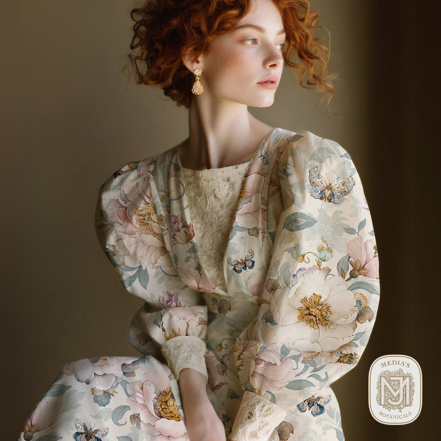 Woman wearing a cream puff sleeve blouse in the Poetic Garden pattern's cream colorway with peonies and moths