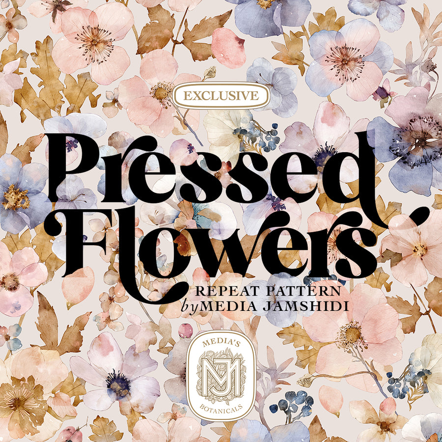 Pressed Flowers surface pattern design with small pink, lavender, and gold pressed flowers and leaves on a cream background