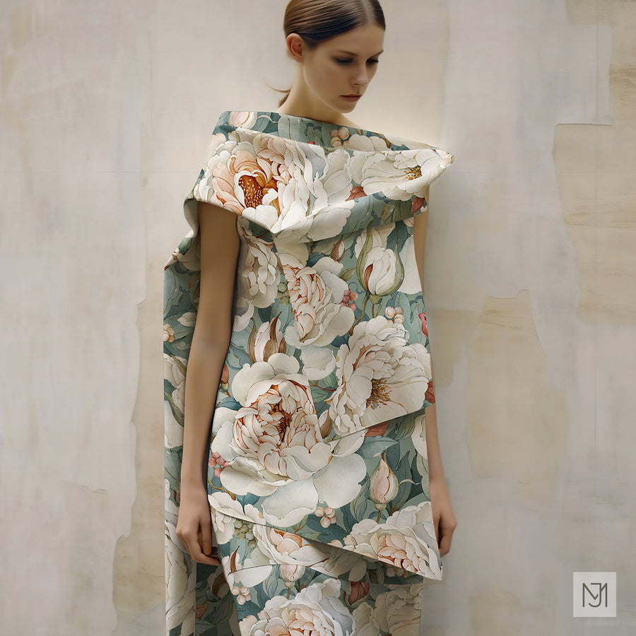 Fabric draped over a model's shoulder in an asymmetric wrap showing the roses pattern