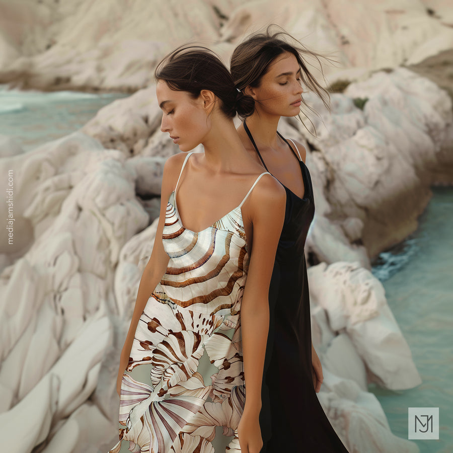 Woman wearing a slip dress in the seashells pattern, standing back to back with another woman in a plain black dress on white rock formations by the water