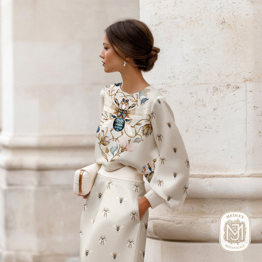 Woman by Media Jamshidi wearing a cream blouse and skirt with a large jeweled beetle motif and small bee print, standing by a stone column