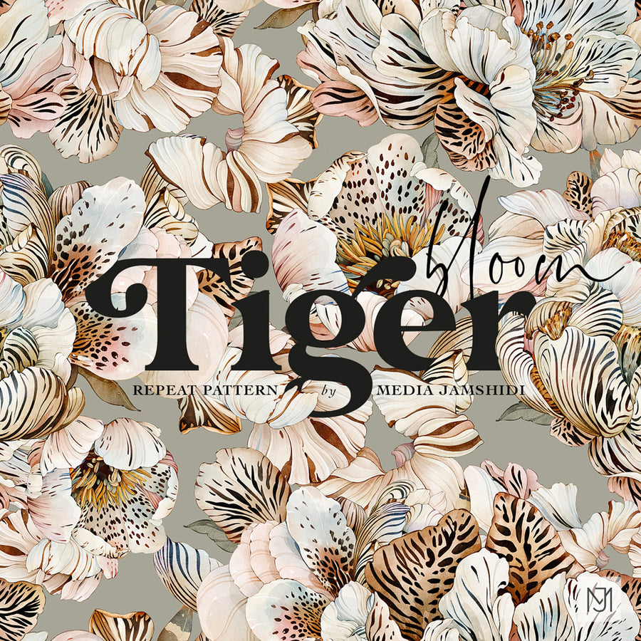 Tiger Bloom seamless surface pattern by Media Jamshidi, with cream and blush ruffled blooms patterned with tiger stripes and leopard spots on a gray background