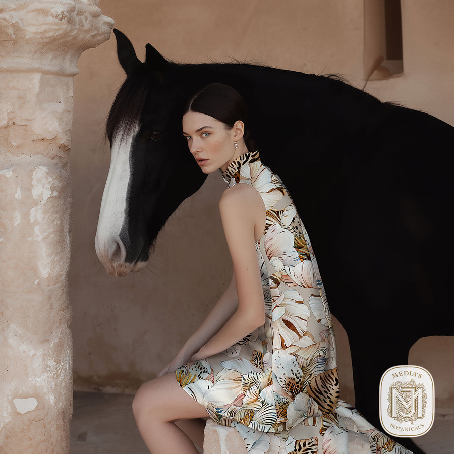 Woman wearing a sleeveless high collar dress in the Tiger Bloom pattern, standing next to a black horse with a white blaze