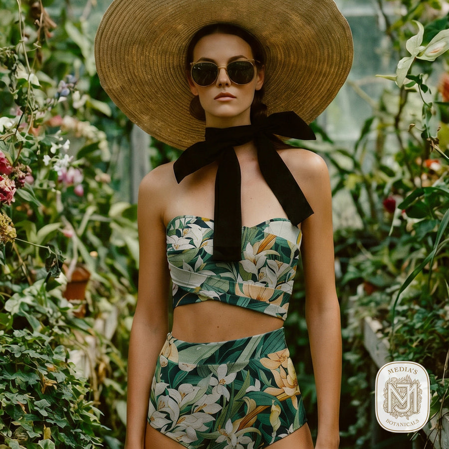 Woman wearing a strapless bikini top and high waisted bottoms in the tropical pattern, with a wide brim straw hat and sunglasses, standing in a greenhouse