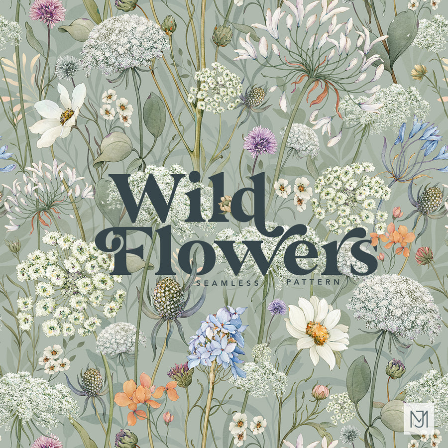 Wild Flowers surface pattern design with white lace like flower clusters, purple thistle blooms, and small pink and blue flowers on a sage green background