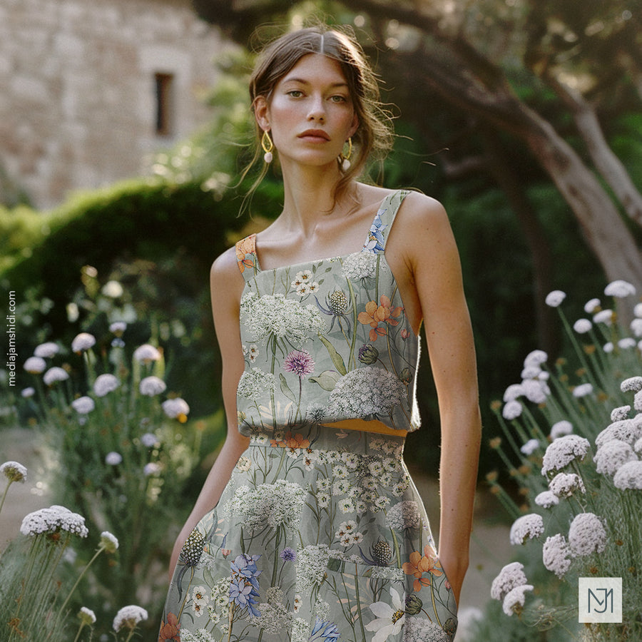 Woman wearing a sleeveless midi dress in the wild flowers pattern, standing in a garden among matching white flowers