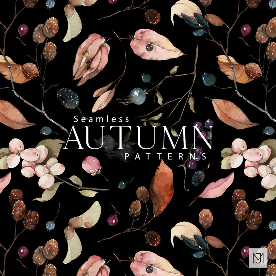 Autumn Fall Leaves repeating autumn pattern with dried leaves, berries, and bare branches in dusty pink, brown, and blue tones on a black background.