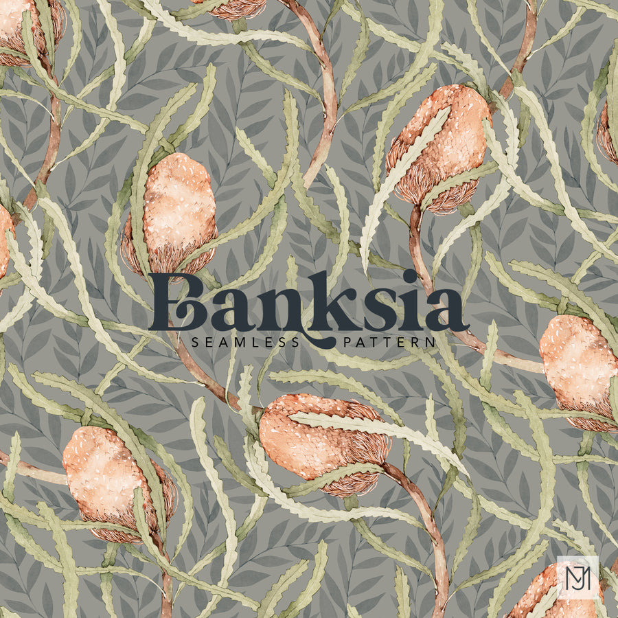 Banksia seamless floral repeat with orange banksia flower cones, sage green leaves, and brown branches on a gray background.