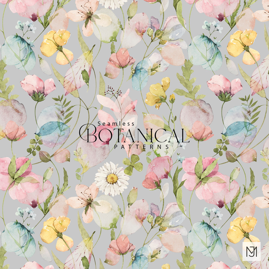 Botanical seamless surface pattern with pastel pink, yellow, and blue flowers and a white daisy on a gray background.