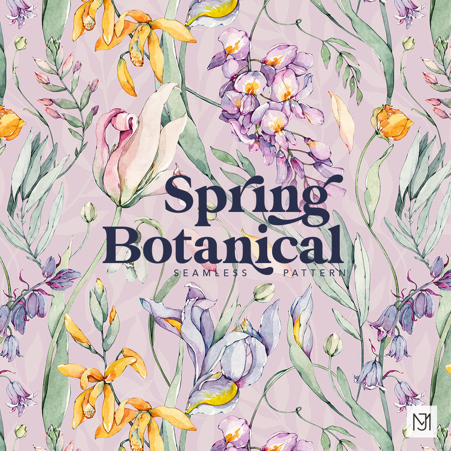 Botanical seamless surface pattern with purple wisteria, pink tulips, and yellow orchid-like blooms on a lavender-pink background.