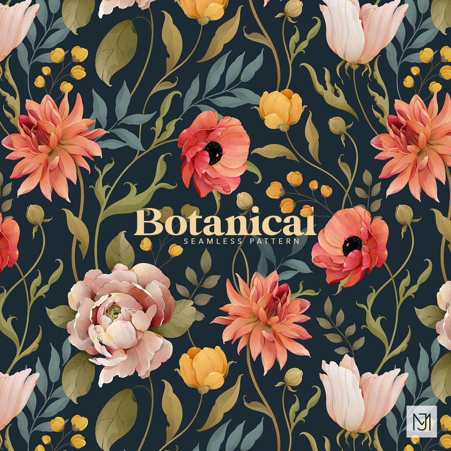 Botanical repeating floral pattern with coral dahlias, red poppies, yellow ranunculus buds, and blush peonies on a dark navy background.