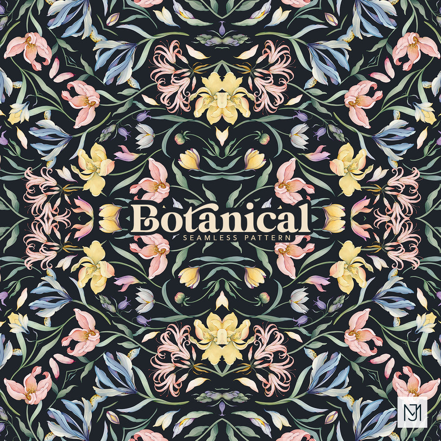 Botanical seamless surface pattern in an ornate mirrored arrangement of pink, yellow, and blue flowers with green vines on a dark navy background