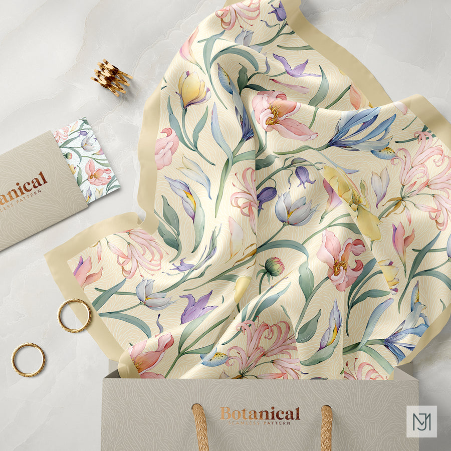 Cream silk scarf with the same botanical floral print draped from a gift bag with gold rings