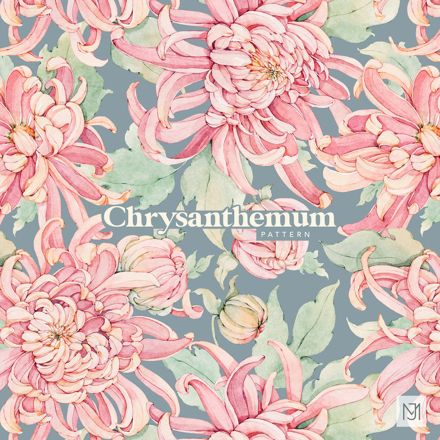 Chrysanthemum repeating floral pattern with large pink chrysanthemum blooms and green leaves on a blue-gray background.