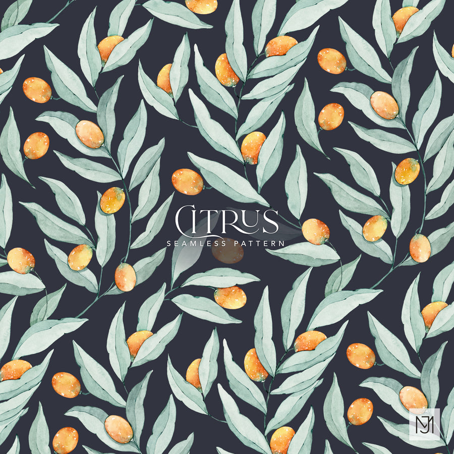 Citrus surface pattern design with orange citrus fruits and sage green leaves on a dark navy background.