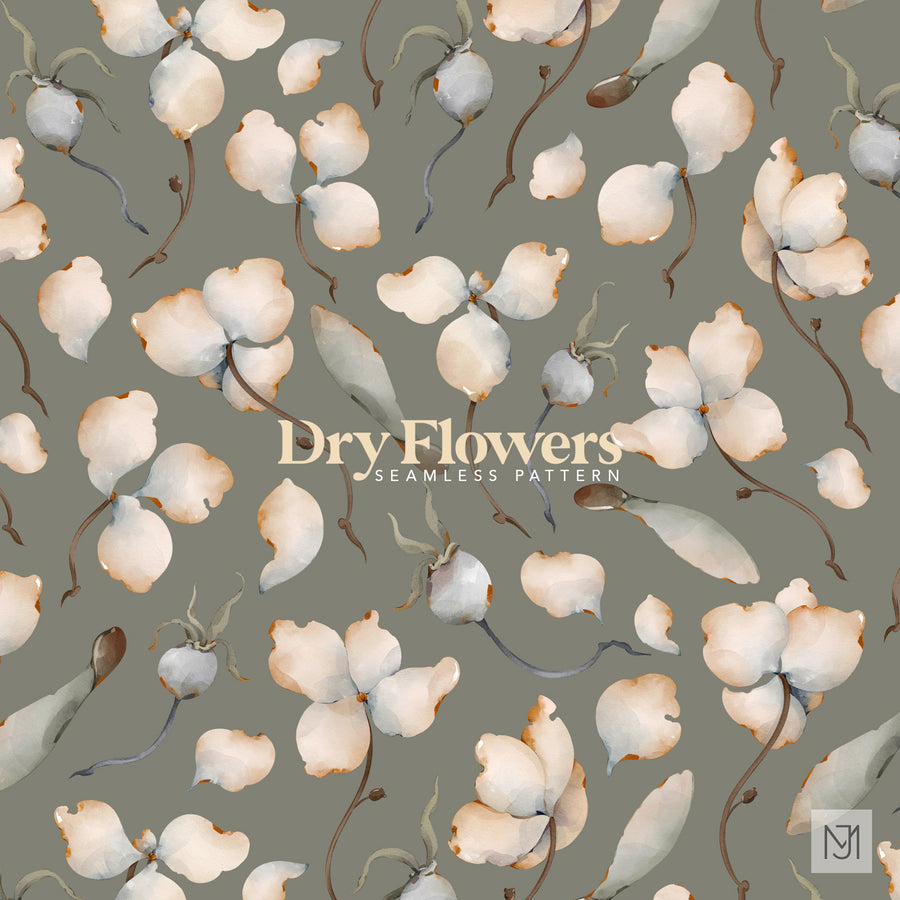 Dry Flowers seamless floral repeat with cream and tan dried flower petals and gray-blue seed pods on a sage green background.
