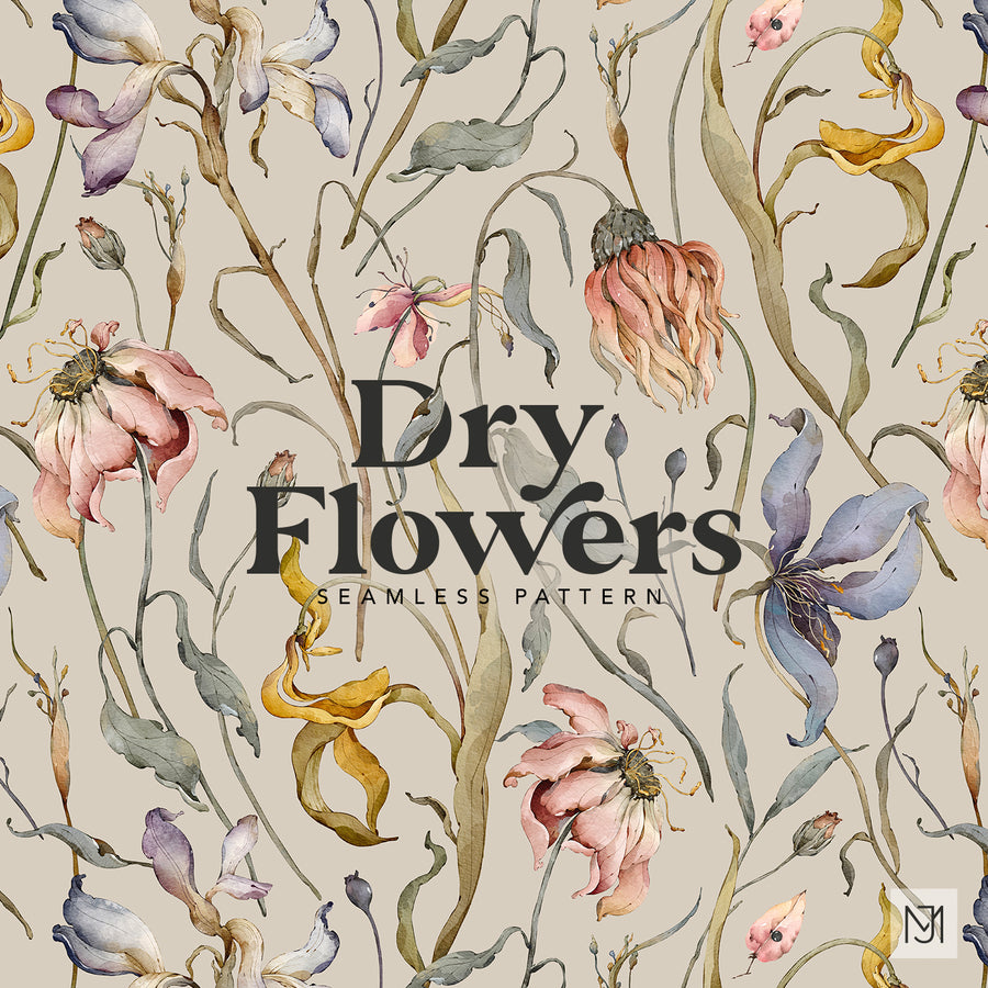 Dry flowers surface pattern design with wilted pink, mauve, gold, and blue gray blooms and drooping stems on a tan background