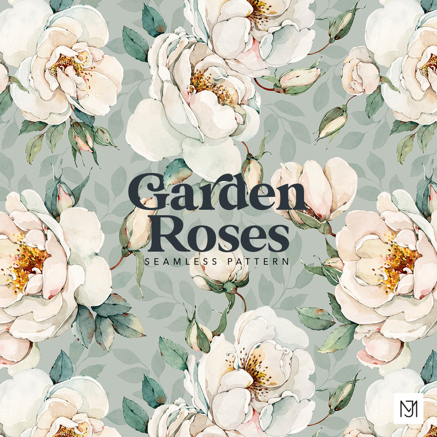 Watercolor Garden Roses seamless floral repeat with cream and white garden roses and green leaves on a sage green background.