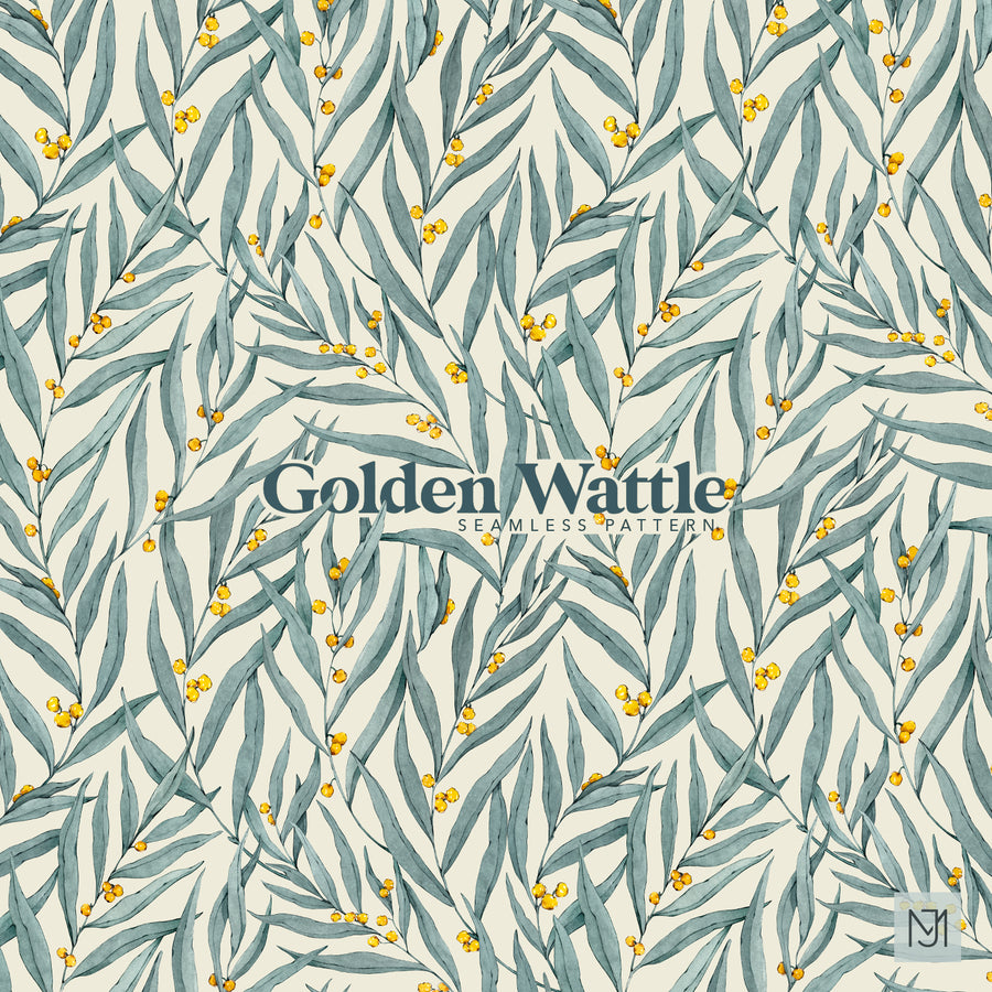 Golden Wattle Leaves repeating floral pattern with sage green leaves and small clusters of golden yellow flowers on a cream background.