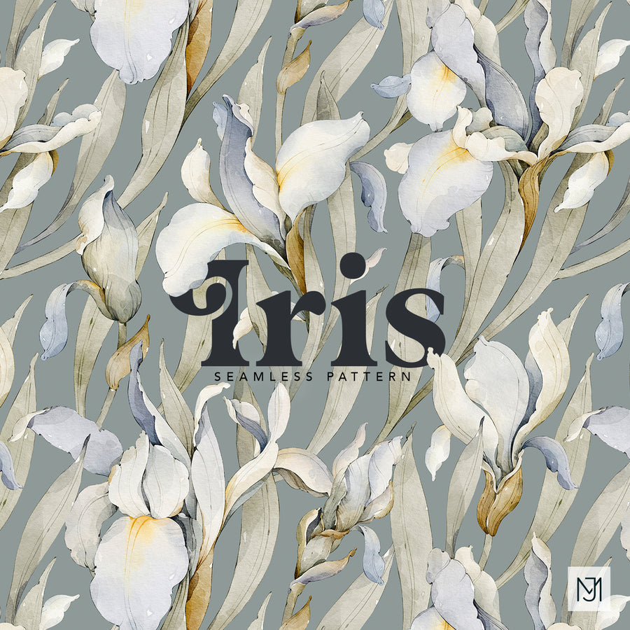 Iris repeating floral pattern with pale blue gray and cream iris blooms and golden accents on a sage green background