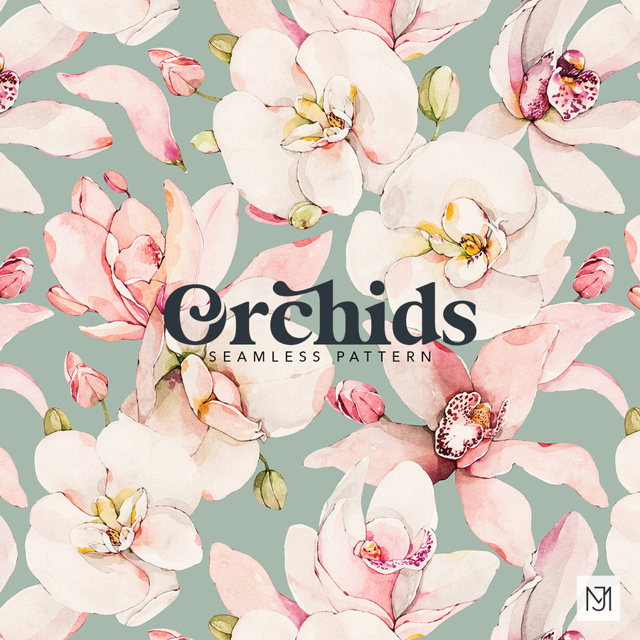 Orchids seamless floral repeat with white and pink orchid blooms and green leaves on a sage green background.
