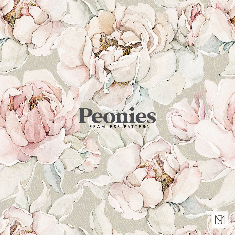 Pastel peonies repeating floral pattern with blush pink blooms and sage green leaves on a warm beige background