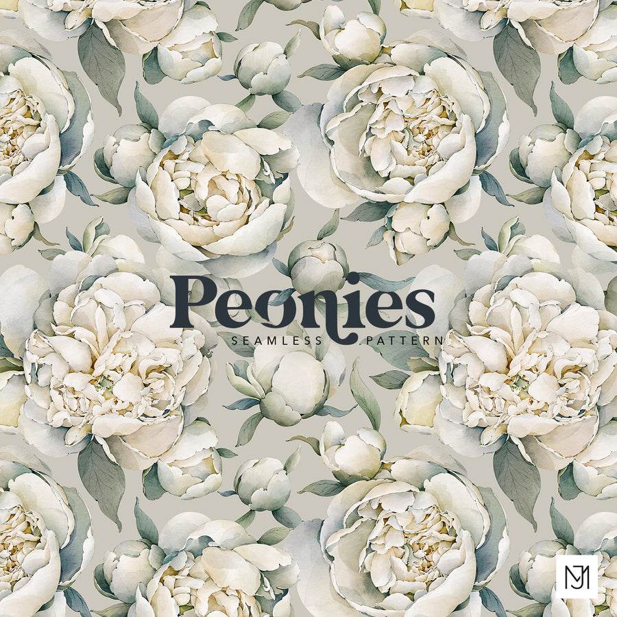 Peonies seamless floral repeat by Media Jamshidi, with ivory white blooms and dusty blue green leaves on a cream background