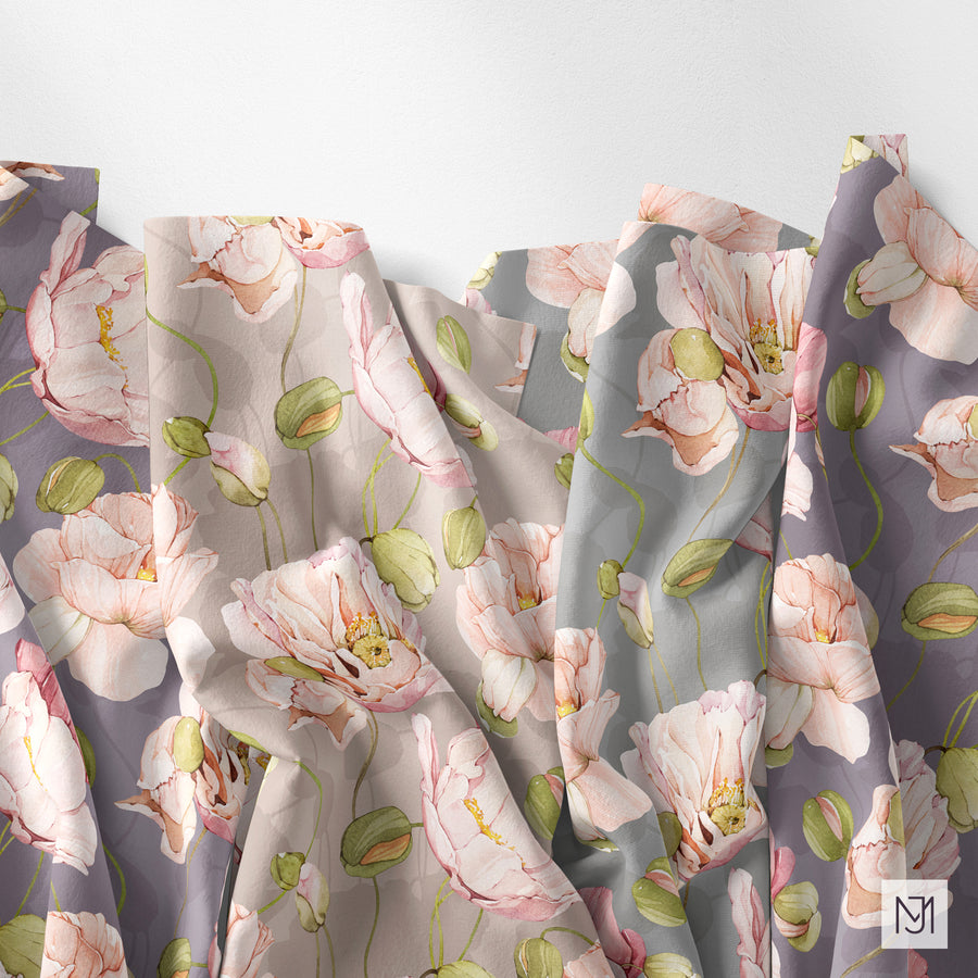 The Poppies pattern by Media Jamshidi printed on draped fabric in three colorways: blush pink, warm gray, and dusty mauve.
