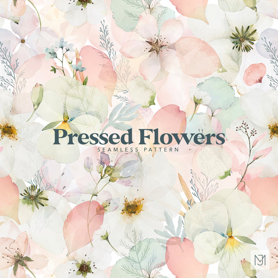 Pressed flowers seamless floral repeat with soft pink, white, and mint blooms and leaves on a white background