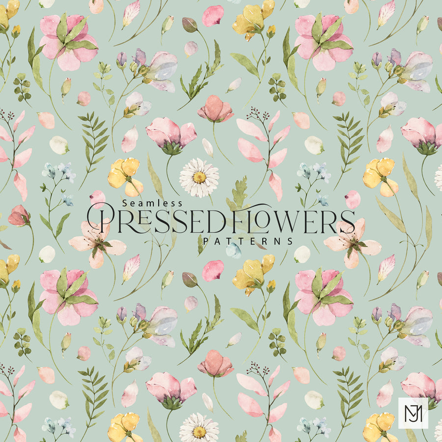 Pressed Flowers repeating floral pattern with pink, yellow, and white daisy-like blooms and green leaves on a sage green background.