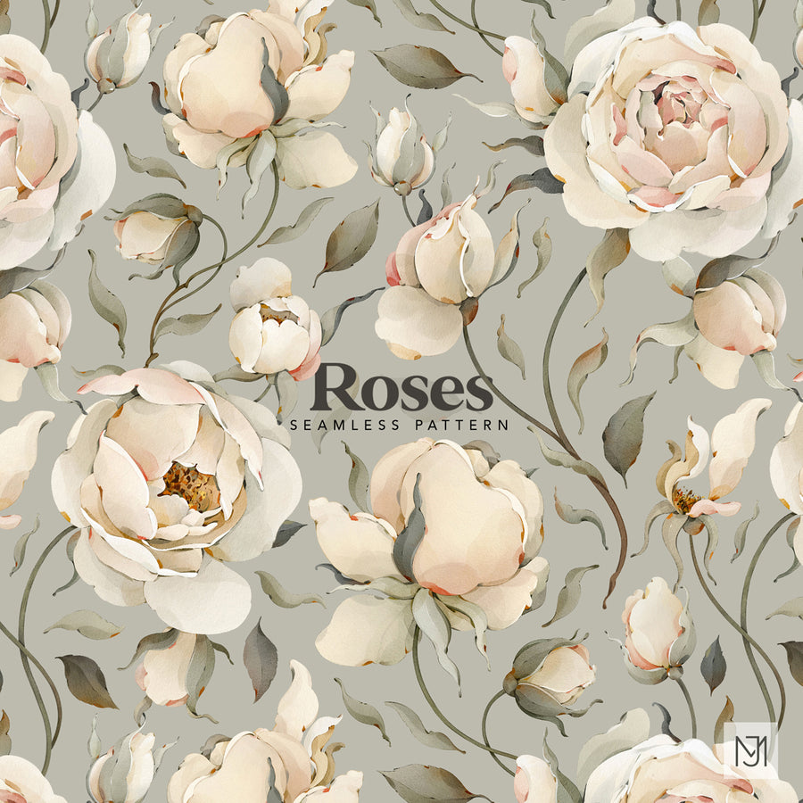 Roses seamless surface pattern with cream and blush rose blooms and sage green leaves on a sage-gray background.