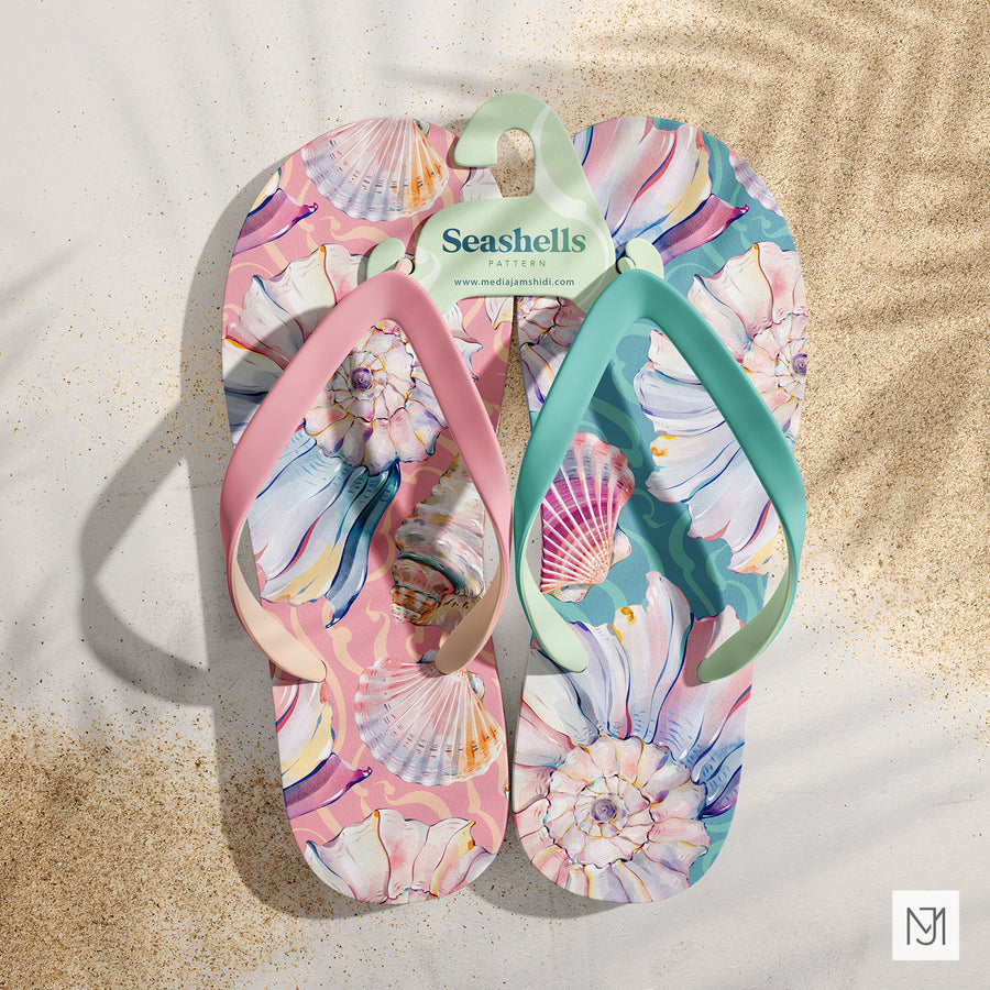 Seashells pattern on a pair of flip-flop sandals, one with a pink strap and one with a teal strap, joined by a small brand tag.