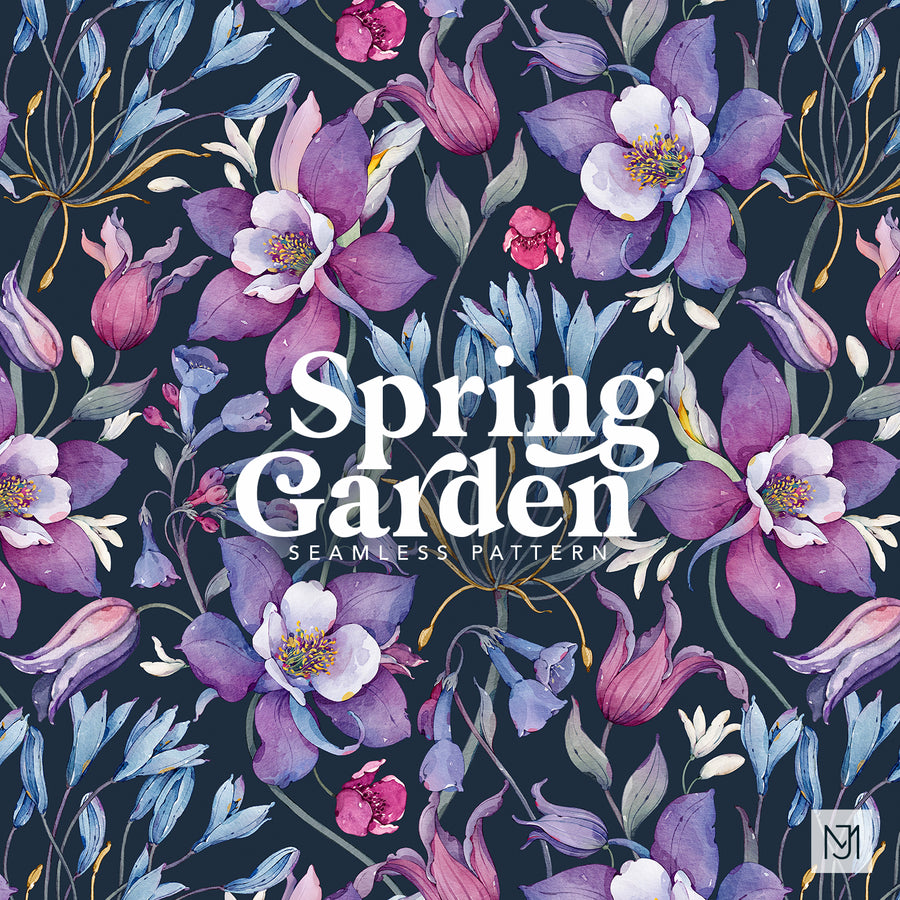 Spring Garden seamless floral repeat with purple and white star shaped flowers, magenta tulip shaped blooms, and small blue bell shaped flowers on a dark navy background