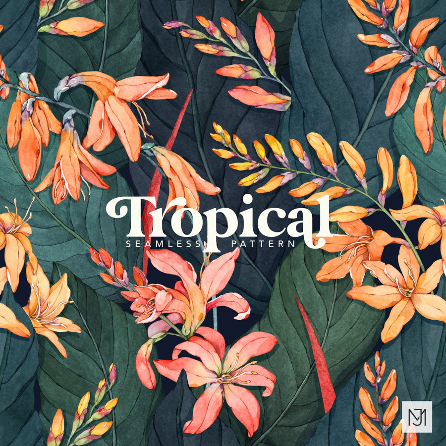 Tropical surface pattern design with orange and coral tubular flowers and dark green leaves on a dark teal background.