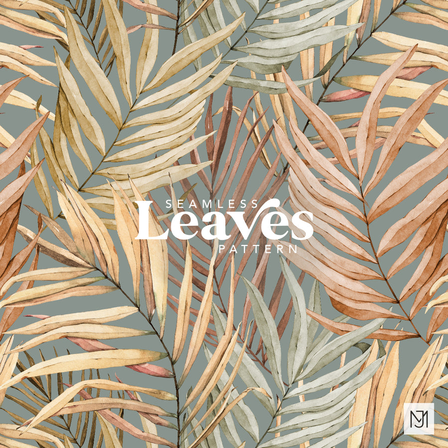Tropical Leaves seamless surface pattern with tan, sage, and dusty pink palm leaves on a gray-blue background.