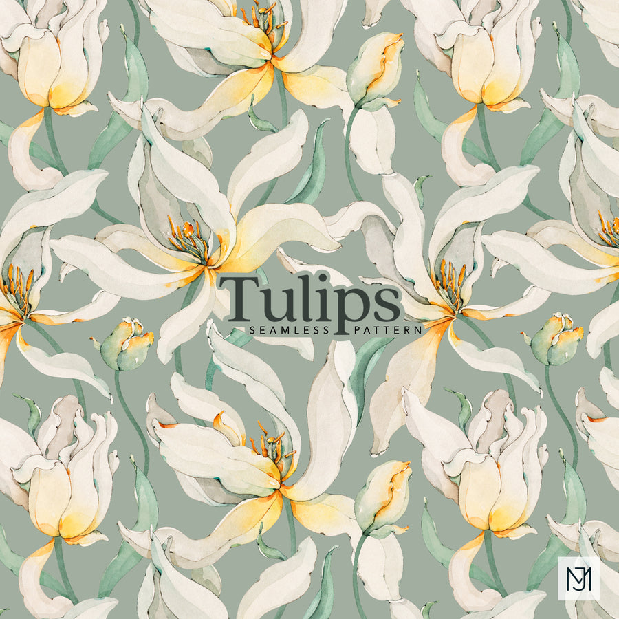 White Tulips seamless surface pattern with cream and white tulip blooms, yellow centers, and green leaves on a sage green background.