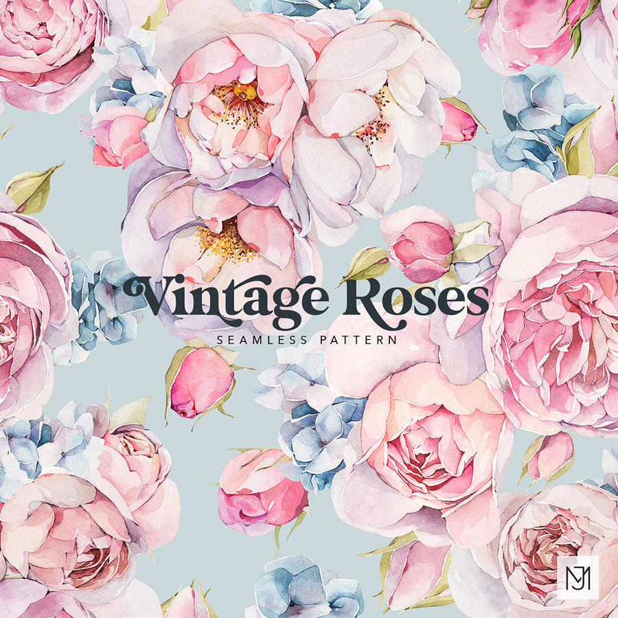 Vintage Roses surface pattern design with blush pink garden roses, ivory peonies, and blue hydrangea clusters on a pale blue background.