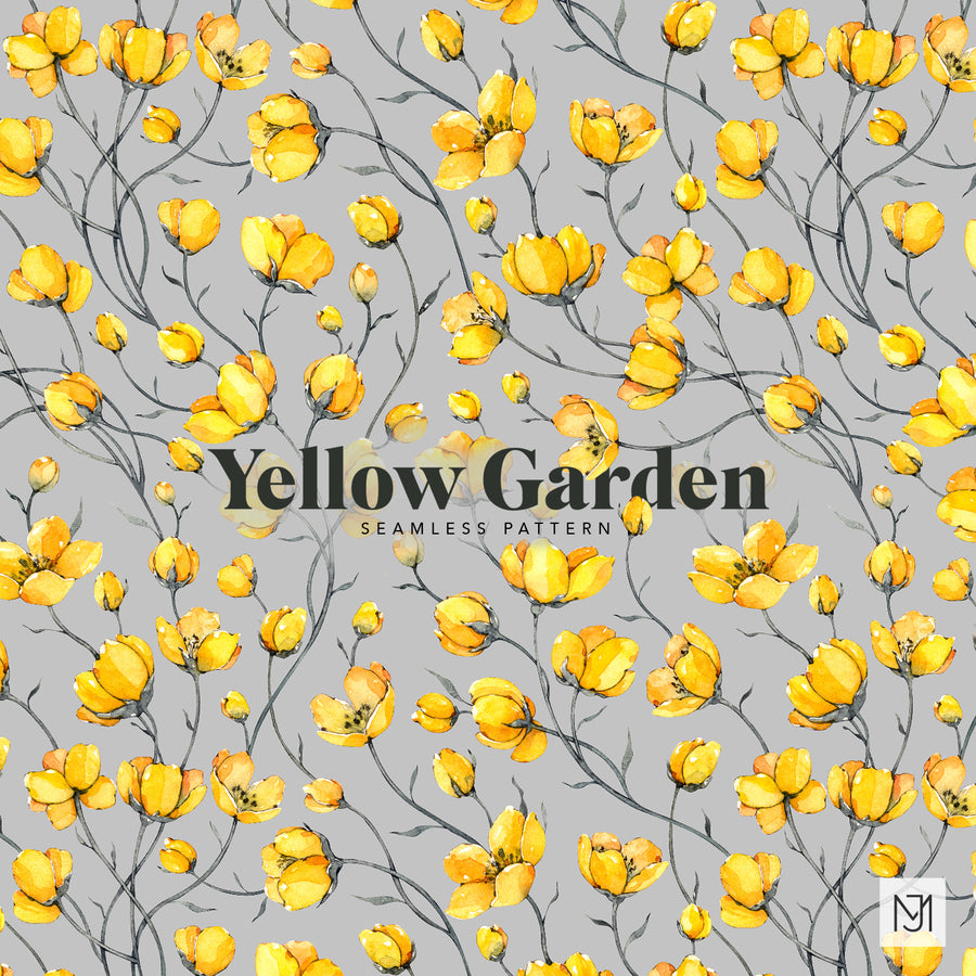 Yellow Garden repeating floral pattern with yellow and orange wildflowers on dark gray stems, on a gray background.