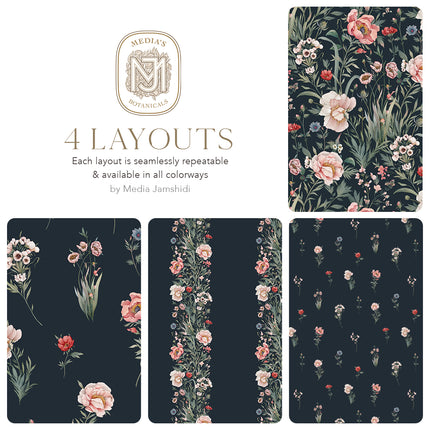 Wildflower Melody in four seamless layouts on deep navy: a dense all over garden, open tossed sprays, a vertical floral stripe and a small scattered ditsy