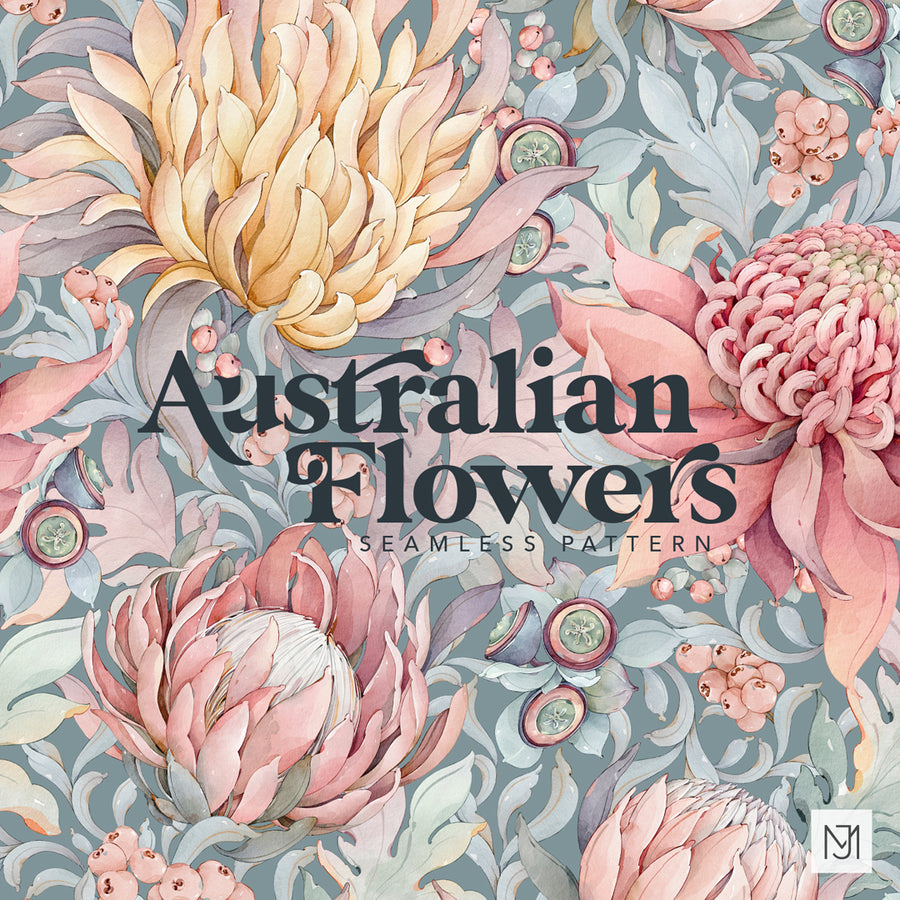 Australian Flowers seamless floral repeat with a cream spiky bloom, a large pink layered bloom, a pink spiky bloom, and pink berry clusters on a gray blue background