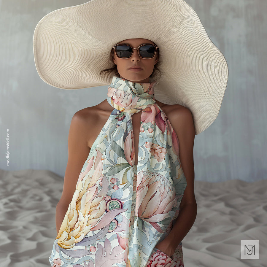 Scarf tied around a woman's neck in the Australian Flowers pattern, with a wide brim cream hat and sunglasses