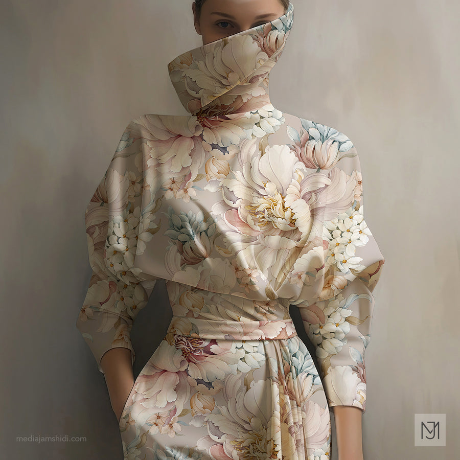 Person wearing a draped cream garment with a wrapped high collar and belted waist in the botanical pattern