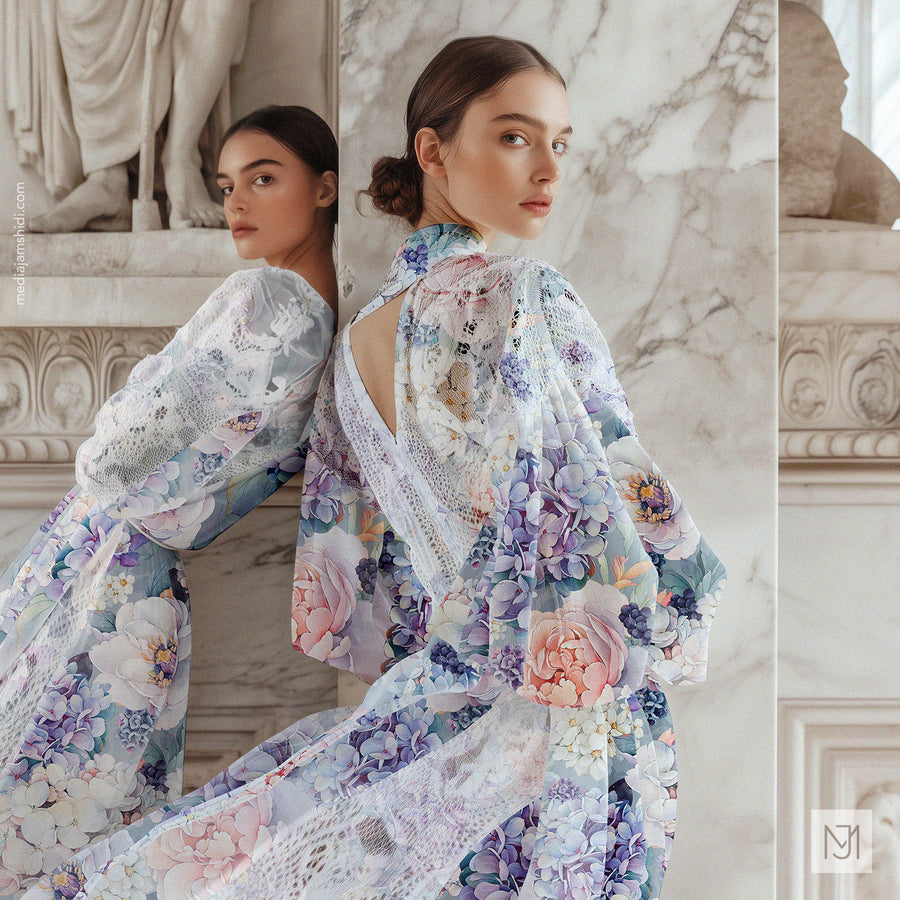 Two women wearing sheer floral dresses with lace sleeve panels in the botanical pattern, posed back to back against a marble backdrop